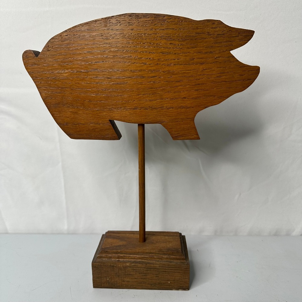 Vintage Handcrafted Oak Wood Pig Silhouette Sculpture Farmhouse Folk Art Stand